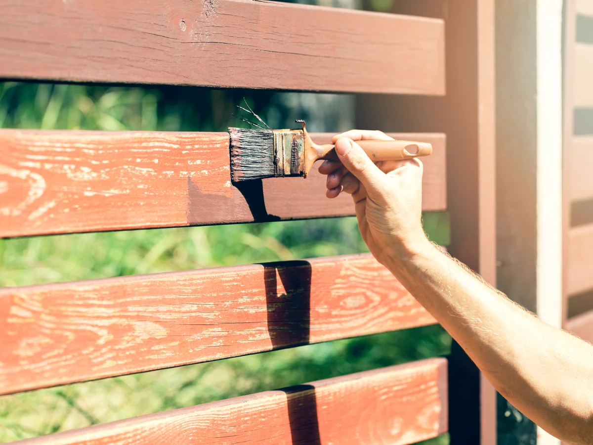 Fence painting in Altrincham - hand applying dark wood stain to timber fence by Altrincham Decorators